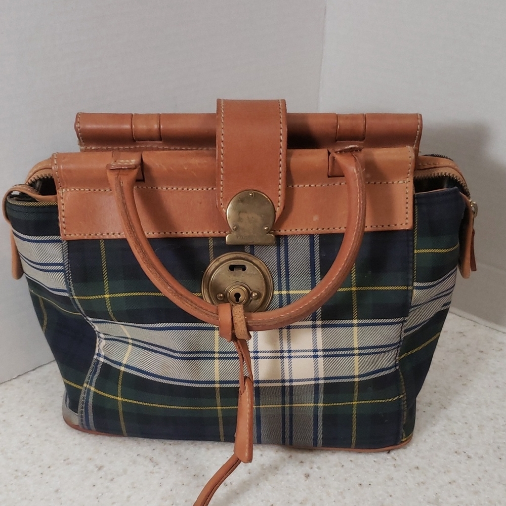 Classic Plaid Tote Handbag with Tan Leather Trim
